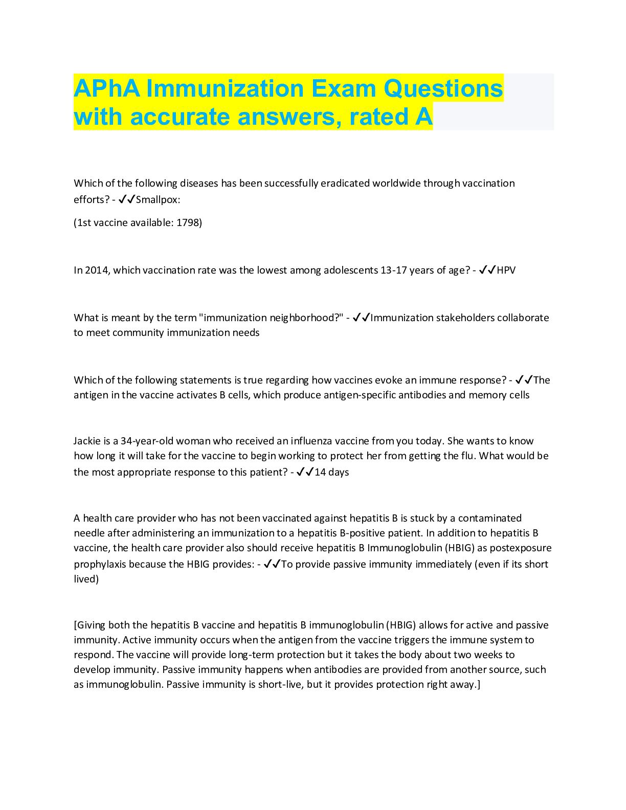 APhA Immunization Exam Questions with accurate answers, rated A